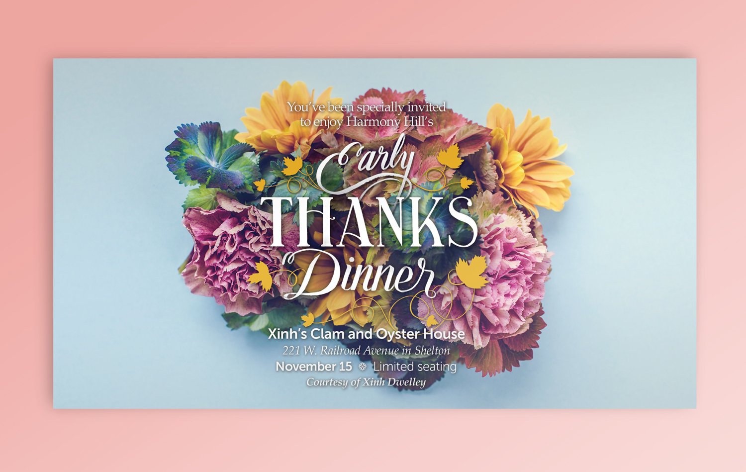 Invitation for Harmony Hill's Early Thanks Dinner