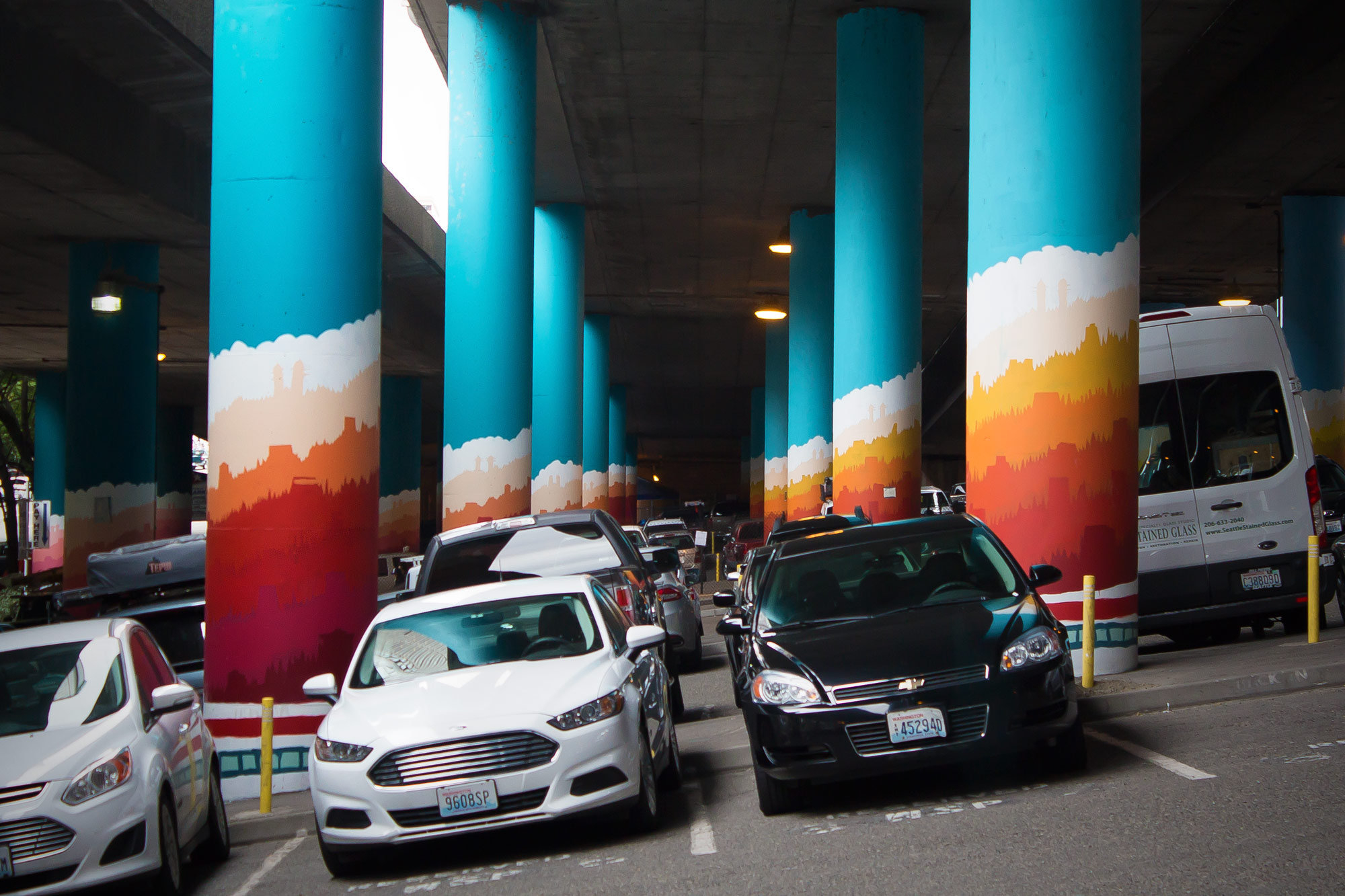 Public Art: Seattle's I-5 Column Murals - 'Sunlight Over First Hill' by Nathan Watkins